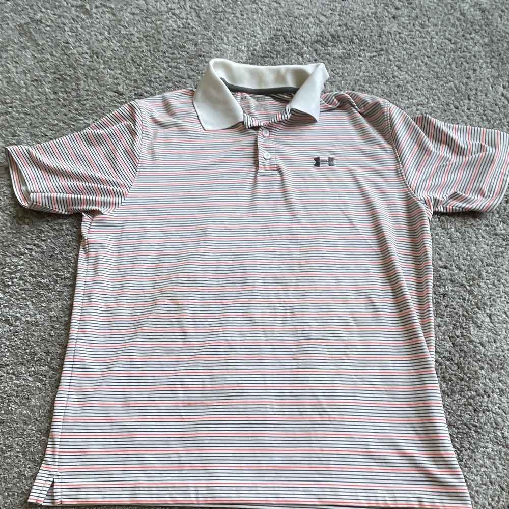 Under Armour Men's LG/G/G Polo White Black Red Striped SS Collared Logo Button